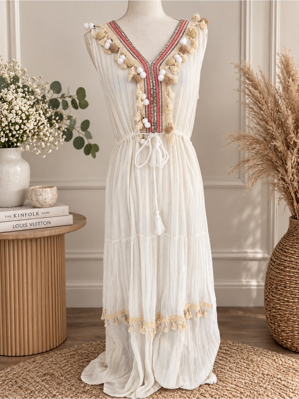 Coconuts by Matisse Cream Maxi Dress with Coral Trim and Tassels